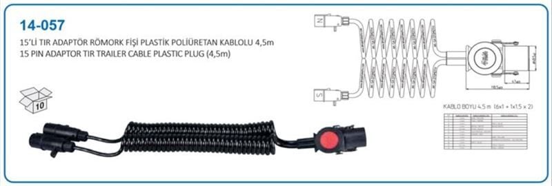AKSA 14057 RÖMORK TIR FİŞİ 15 Lİ ADAPTÖR POLİÜRETAN KABLOLU 4,5M